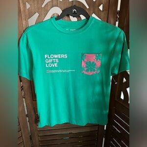 Green Kids Shirt with Pink Floral Pocket- Size S (6-7)